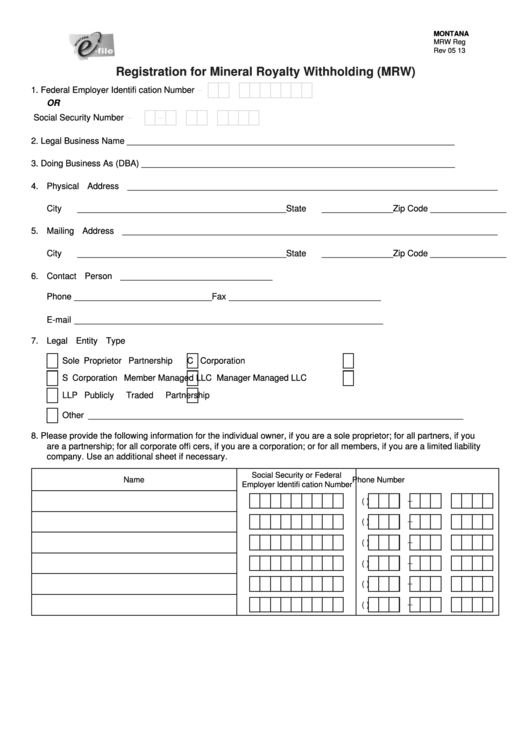 Montana Form Mrw Reg - Registration For Mineral Royalty Withholding (Mrw) - 2013 Printable pdf