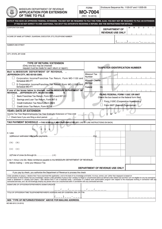 Form Mo-7004 Draft - Application For Extension Of Time To File - 2010 Printable pdf