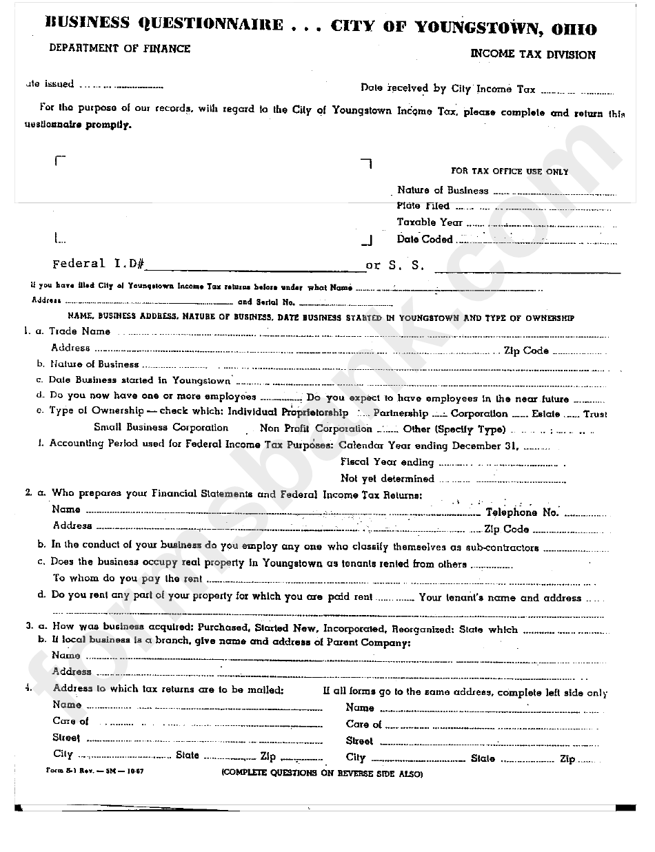 Business Questionnaire Form - City Of Youngstown