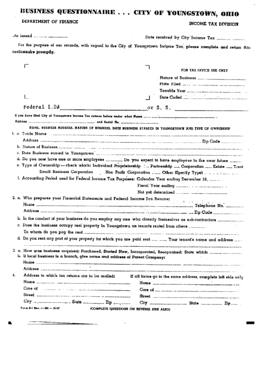 Business Questionnaire Form - City Of Youngstown Printable pdf