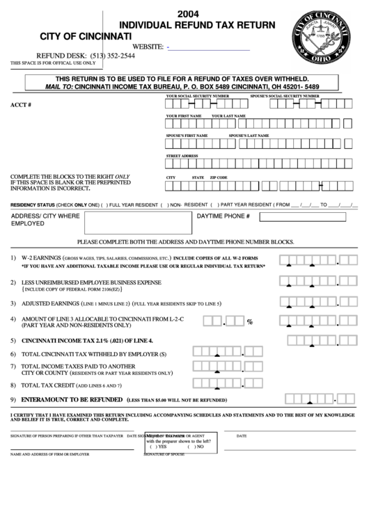 Individual Refund Tax Return - City Of Cincinnati - 2004 Printable pdf