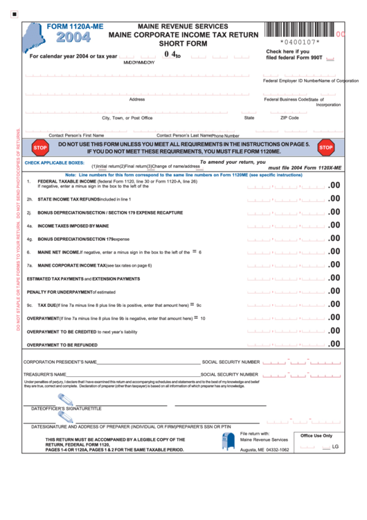 Form 1120a-Me - Maine Corporate Income Tax Return - Short Form - 2004 Printable pdf