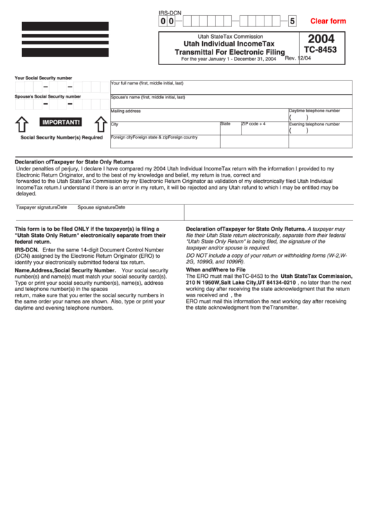 Fillable Form Tc-8453 - Utah Individual Income Tax Transmittal For Electronic Filing - 2004 Printable pdf