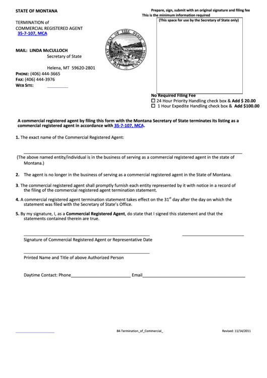 Termination Of Commercial Registered Agent - Montana Secretary Of State Printable pdf