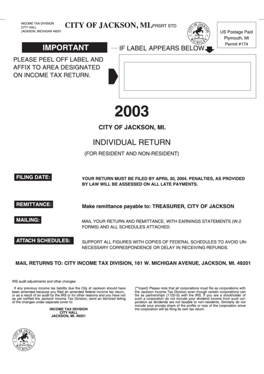 Individual Return (For Resident And Non-Resident) - City Of Jackson - 2003 Printable pdf