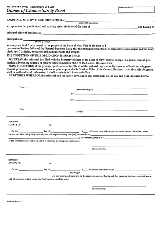 Form Dos-261 - Games Of Chance Surety Bond Printable pdf