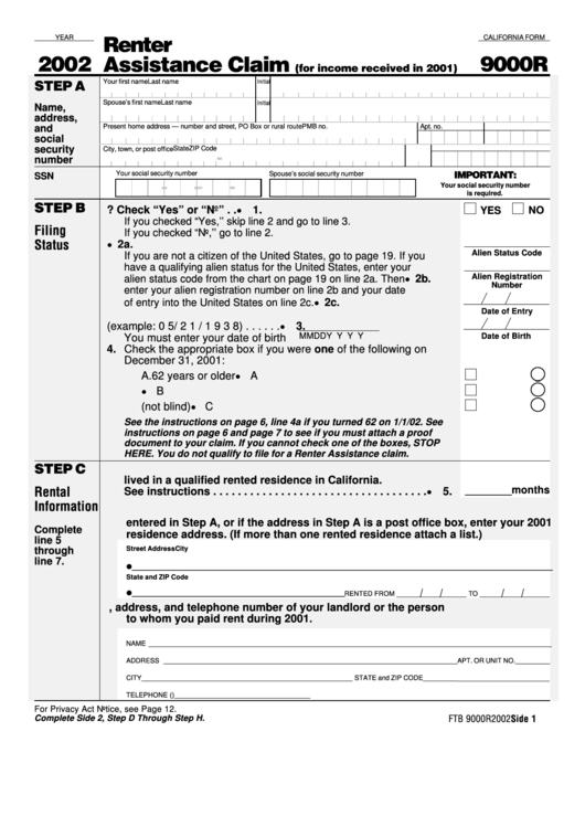 California Form 9000r - Renter Assistance Claim - 2002 Printable pdf
