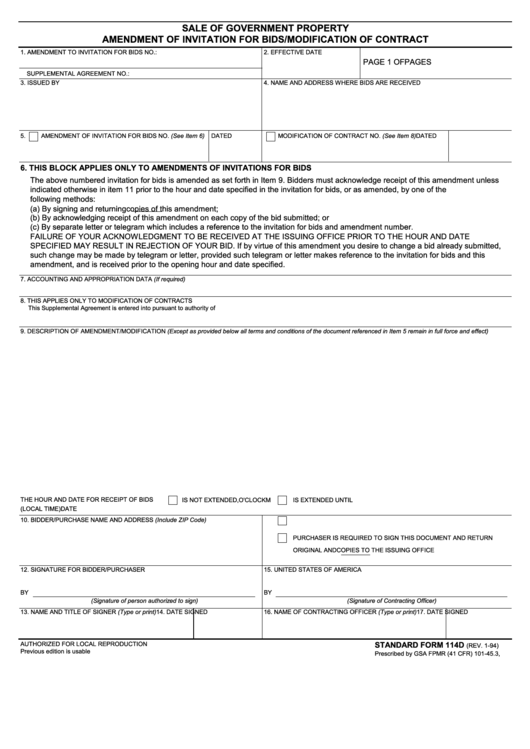 Fillable Standard Form 114d - Sale Of Government Property Amendment Of Invitation For Bids/modification Of Contract - 1994 Printable pdf