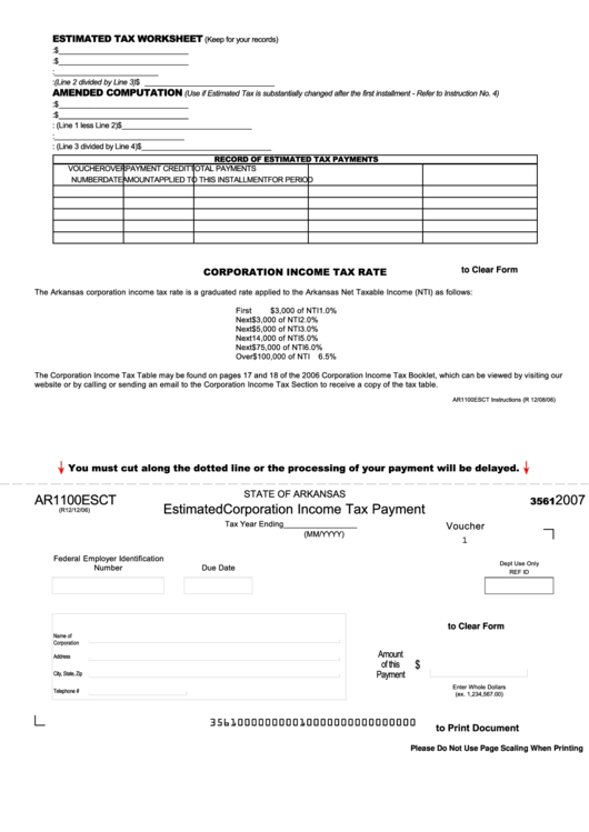Fillable Form Ar1100esct - Estimated Corporation Income Tax Payment - 2007 Printable pdf