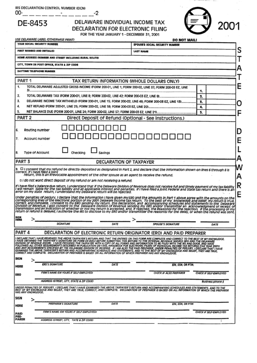 Fillable Form De-8453 - Delaware Individual Income Tax Declaration For Electronic Filing - 2001 Printable pdf