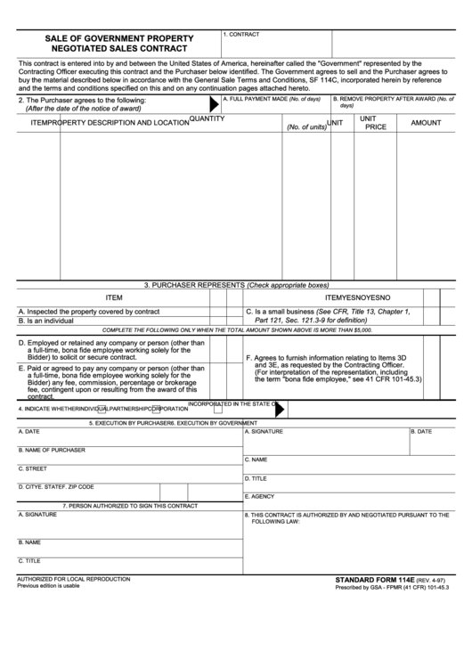 Fillable Standard Form 114e - Sale Of Government Property Negotiated Sales Contract Printable pdf