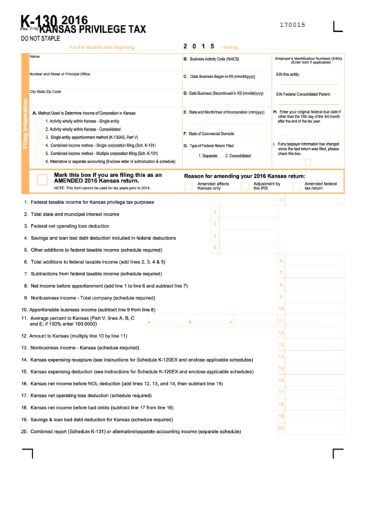 Fillable Form K-130 - Kansas Privilege Tax - 2016 Printable pdf