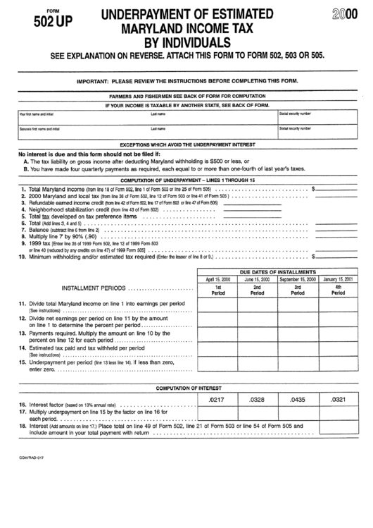 Form 502 Up - Underpayment Of Estimated Maryland Income Tax By Individuals - 2000 Printable pdf