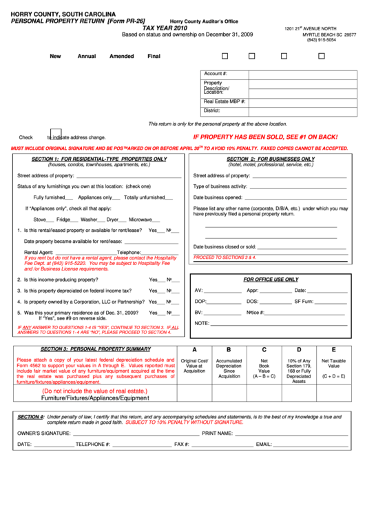 Form Pr-26 - Personal Property Return - 2010 Printable pdf