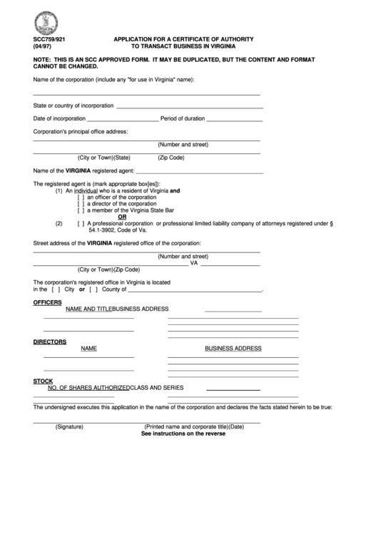 Form Scc759/921 - Application For A Certificate Of Authority To Transact Business In Virginia - 1997 Printable pdf