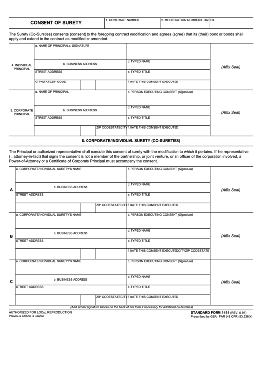 Fillable Standard Form 1414 - Consent Of Surety Printable pdf