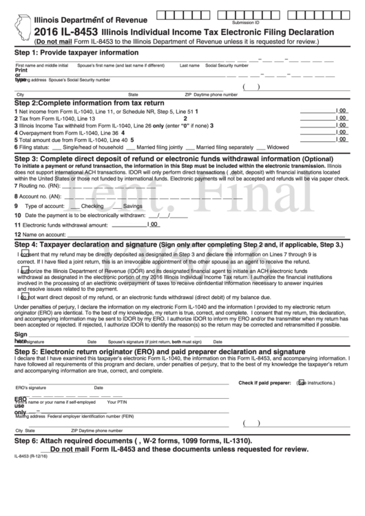 Form Il-8453 Draft - Illinois Individual Income Tax Electronic Filing Declaration - 2016 Printable pdf