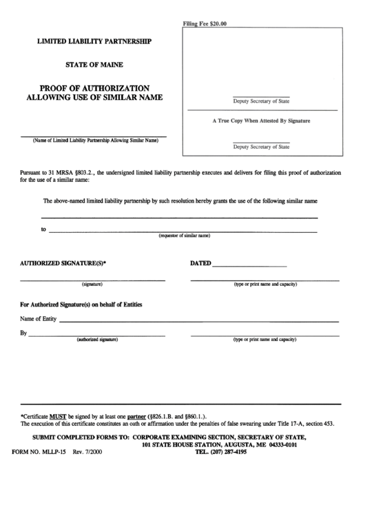 Form Mllp-15 - Proof Of Authorization Allowing Use Of Similar Name Printable pdf