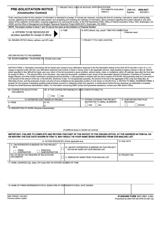 Fillable Standard Form 1417 - Pre-Solicitation Notice Printable pdf
