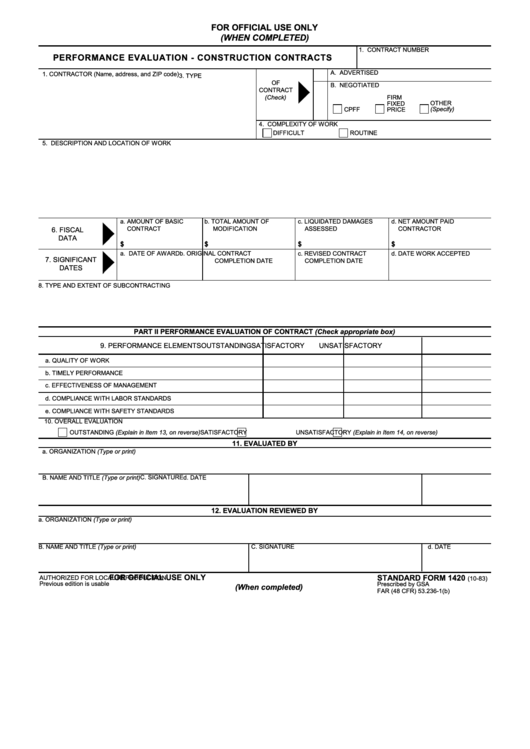 Fillable Standard Form 1420 - Performance Evaluation - Construction Contracts - 1983 Printable pdf