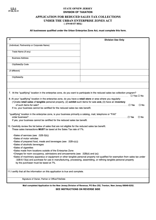 Fillable Form Uz-1 - Application For Reduced Sales Tax Collections Under The Urban Enterprise Zones Act - 2006 Printable pdf