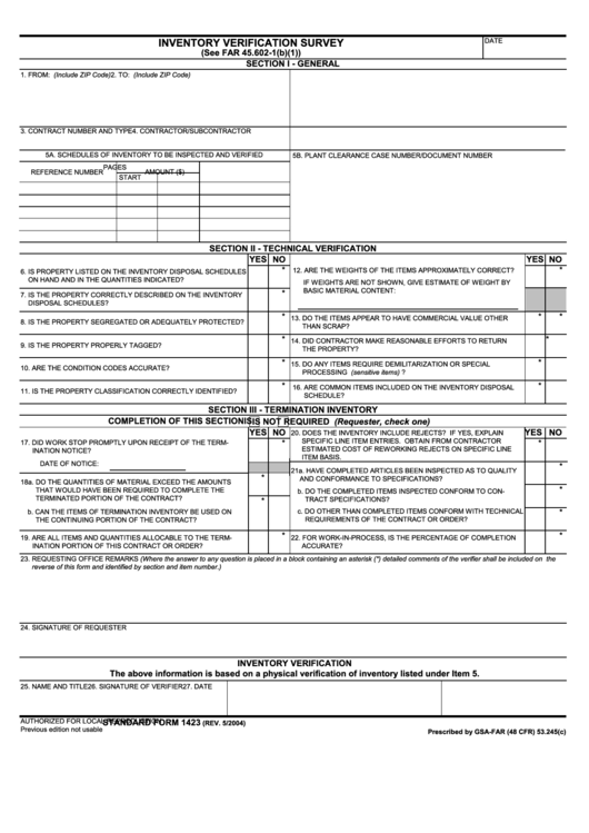 Fillable Standard Form 1423 - Inventory Verification Survey - 2004 Printable pdf