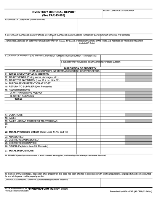 Fillable Standard Form 1424 - Inventory Disposal Report Printable pdf