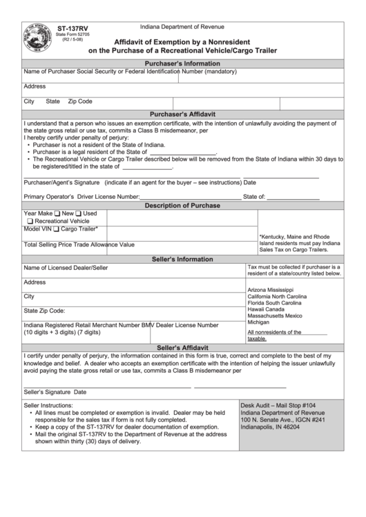 Fillable Form St-137rv - Affidavit Of Exemption By A Nonresident On The Purchase Of A Recreational Vehicle/cargo Trailer Printable pdf