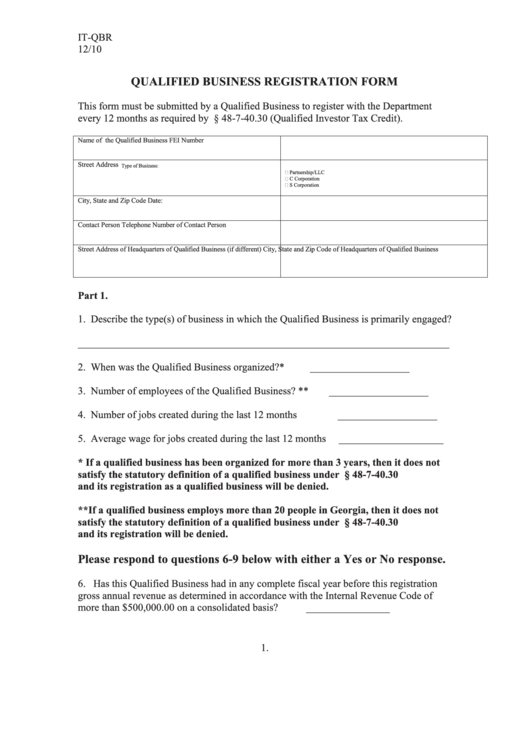 Form It-Qbr - Qualified Business Registration Form Printable pdf
