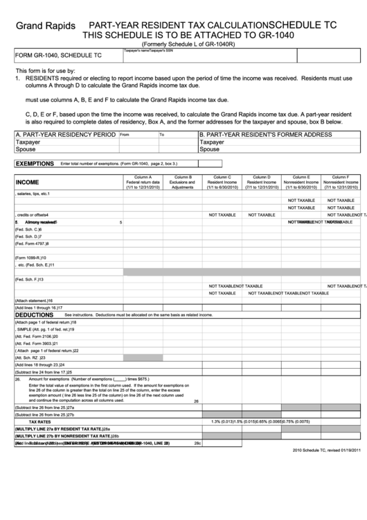 Schedule Tc (Form Gr-1040) - Part-Year Resident Tax Calculation - City Of Grand Rapids - 2010 Printable pdf