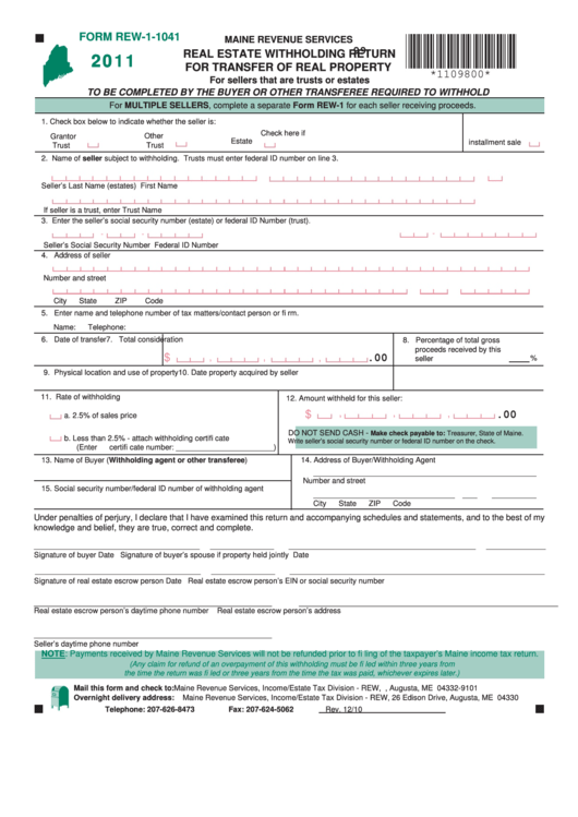 Form Rew-1-1041 - Real Estate Withholding Return For Transfer Of Real Property - 2011 Printable pdf