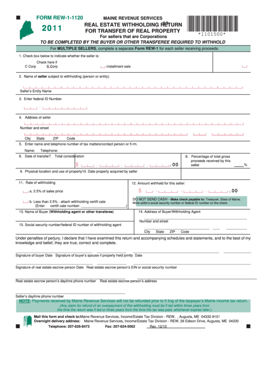 Form Rew-1-1120 - Real Estate Withholding Return For Transfer Of Real Property - 2011 Printable pdf