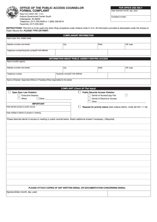 Fillable State Form 49407 - Formal Complaint - 2001 Printable pdf