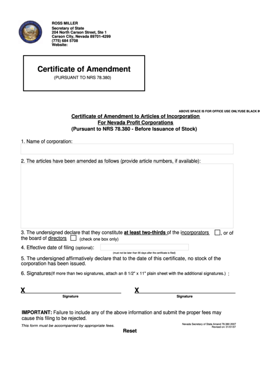 Fillable Certificate Of Amendment - Nevada Secretary Of State Printable pdf