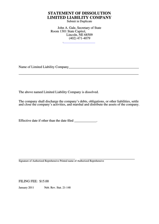 Fillable Statement Of Dissolution For A Limited Liability Company - Nebraska Secretary Of State Printable pdf