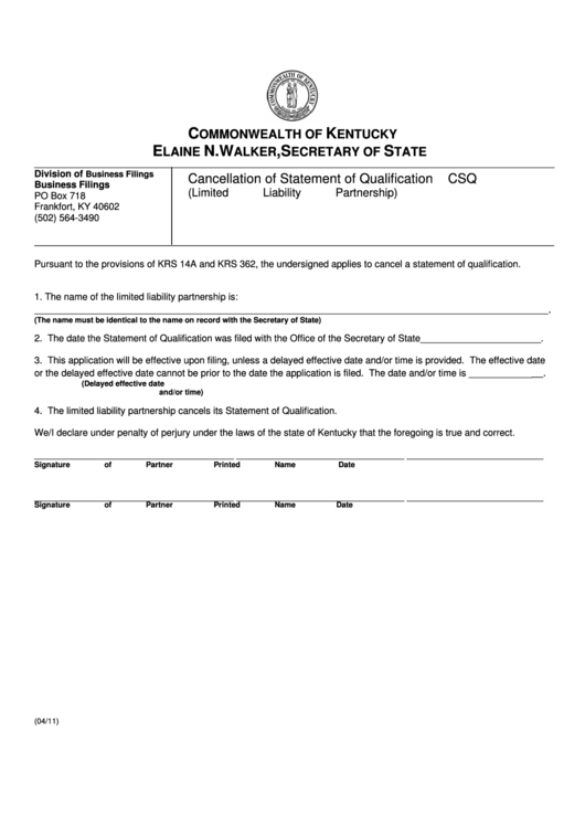 Fillable Form Csq - Cancellation Of Statement Of Qualification For A Limited Liability Partnership - Kentucky Secretary Of State Printable pdf
