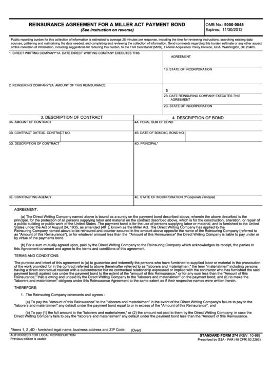 Fillable Standard Form 274 - Reinsurance Agreement For A Miller Act Payment Bond Printable pdf