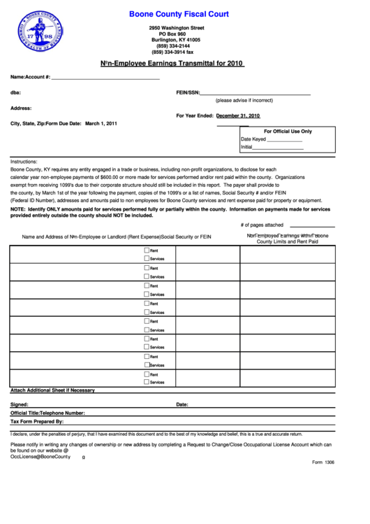 Form 1306 - Non-Employee Earnings Transmittal For 2010 Printable pdf