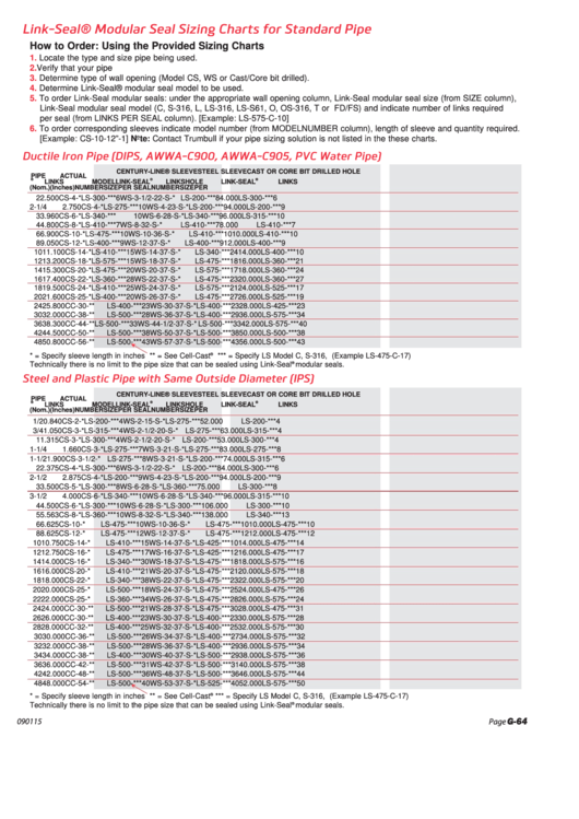 Link-Seal Modular Standard Pipe Seal Size Charts printable pdf download