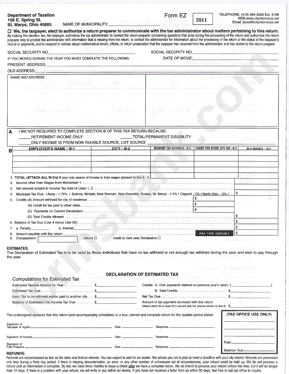 Form Ez - Declaration Of Estimated Tax - 2011