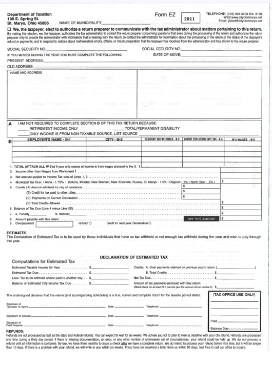 Form Ez - Declaration Of Estimated Tax - 2011 Printable pdf