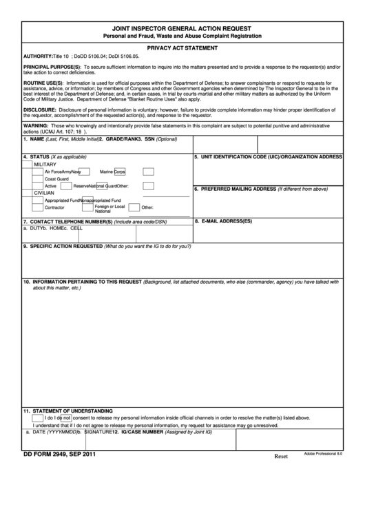 Fillable Dd Form 2949 - Joint Inspector General Action Request Printable pdf