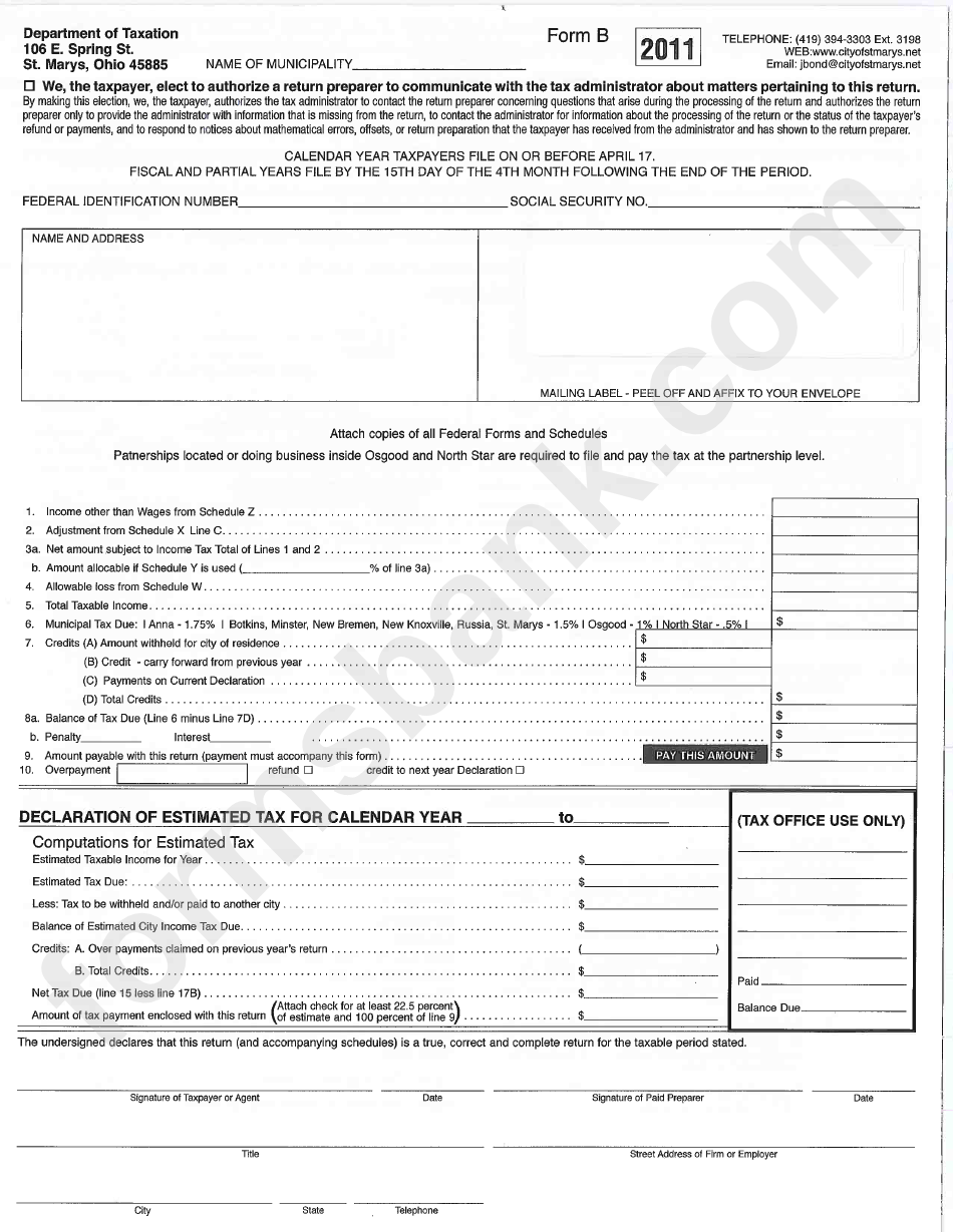 Form B - Declaration Of Estimated Tax - 2011