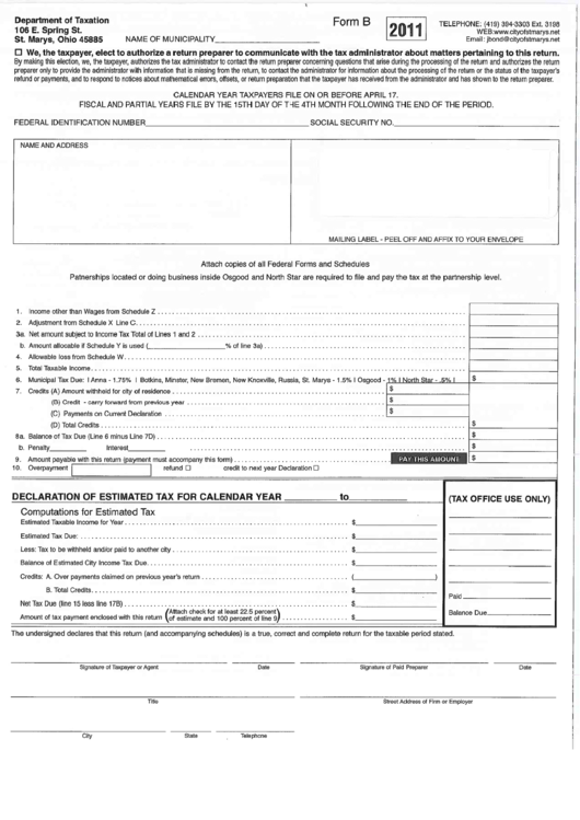 Form B - Declaration Of Estimated Tax - 2011 Printable pdf