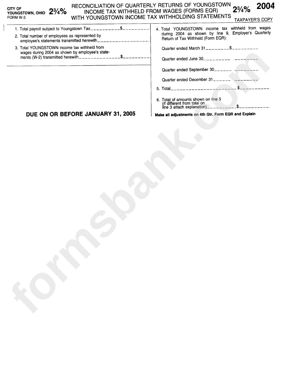 Form W-3 - Reconciliation Of Quarterly Returns Of Youngtown Income Tax Withheld From Wages (Forms Eqr) With Youngtown Income Tax Withholding Statements - 2004