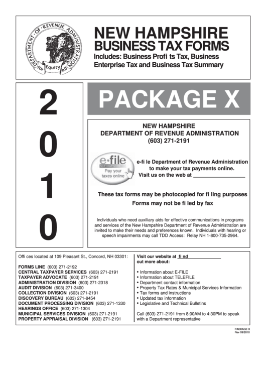 Package X - New Hampshirebusiness Tax Forms - 2010 Printable pdf