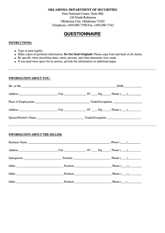 Fillable Questionnaire Template - Oklahoma Department Of Securities Printable pdf