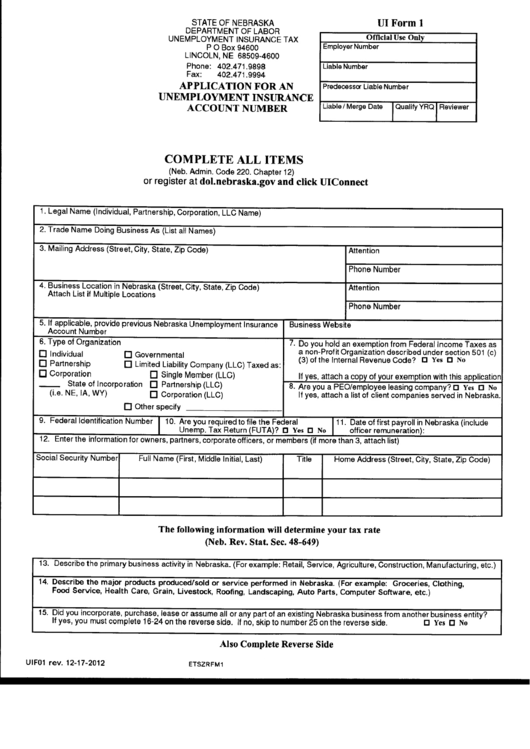 Ui Form I - Application For An Unemployment Insutance Account Number Printable pdf