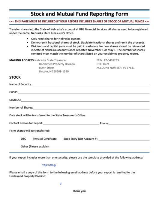 Fillable Stock And Mutual Fund Reporting Form - Nebraska Unclaimed Property Division Printable pdf