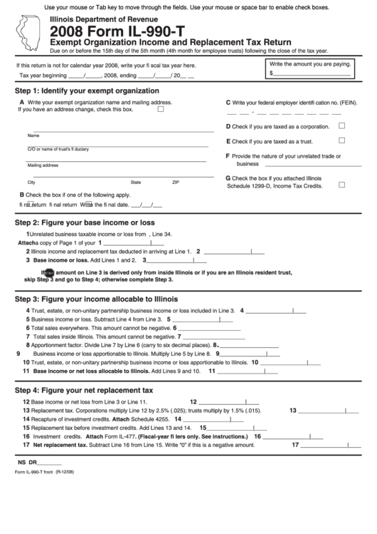 Fillable Form Il-990-T - Exempt Organization Income And Replacement Tax Return - 2008 Printable pdf